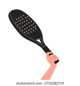 Ilustración vectorial plana de una mano que sostiene una pala de pádel negra con superficie perforada. Estilo de dibujos animados minimalista y moderno aislado sobre fondo blanco. Adecuado para conceptos de pádel, diseño de equipos deportivos, contenido de fitness, materiales de entrenamiento, App móviles, Sitios web, carteles y elementos visuales promocionales.