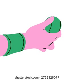 Flat vector illustration of a hand holding a green tennis or padel ball with wristband, isolated on white background. Modern minimal cartoon style. Perfect for sports concepts, tennis and padel training, match preparation, athlete focus, fitness activities, coaching materials, sports promotions, mobile apps, and digital media content.