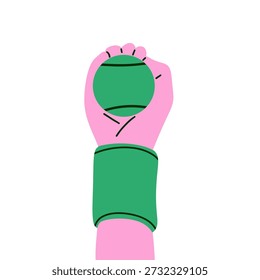 Ilustración vectorial plana de una mano que sostiene una pelota de tenis o pádel verde con la pulsera, aislada en el fondo blanco. Estilo de dibujos animados minimalista moderno. Perfecto para conceptos deportivos, entrenamiento de tenis y pádel, preparación de partidos, enfoque atlético, actividades físicas, materiales de entrenamiento, promociones deportivas, App móviles y contenido multimedia digital.