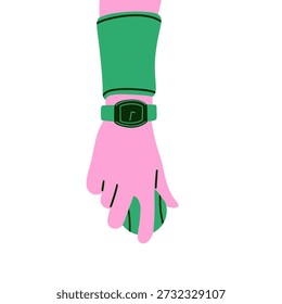 Flat vector illustration of a hand holding a green tennis or padel ball with wristband, isolated on white background. Modern minimal cartoon style. Perfect for sports concepts, tennis and padel training, match preparation, athlete focus, fitness activities, coaching materials, sports promotions, mobile apps, and digital media content.