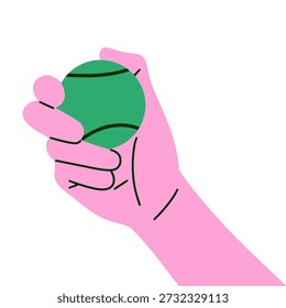 Flat vector illustration of a hand holding a green tennis or padel ball with wristband, isolated on white background. Modern minimal cartoon style. Perfect for sports concepts, tennis and padel training, match preparation, athlete focus, fitness activities, coaching materials, sports promotions, mobile apps, and digital media content.