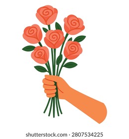 Flat vector illustration of a hand holding a bouquet of peach roses with green stems and leaves. The image features a simple and modern style with bold lines and solid colors. The bouquet is centered in the frame, with the hand and arm extending from the bottom. The background is plain white, making the image versatile for various design applications. This illustration is suitable for use in greeting cards, floral arrangements, and decorative designs.