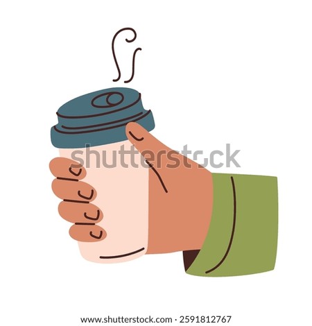 Flat vector illustration of hand holding disposable coffee cup with blue lid. Catroon mug with place for branding, logo, hot drinks, morning coffee, and takeout beverages, isolated colored clipart