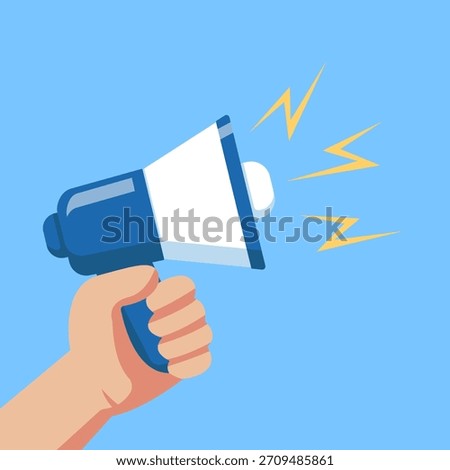 Flat vector illustration of a hand holding a megaphone with sound waves coming out. Perfect for concepts related to announcements, communication, alerts, promotion, marketing, and public speaking