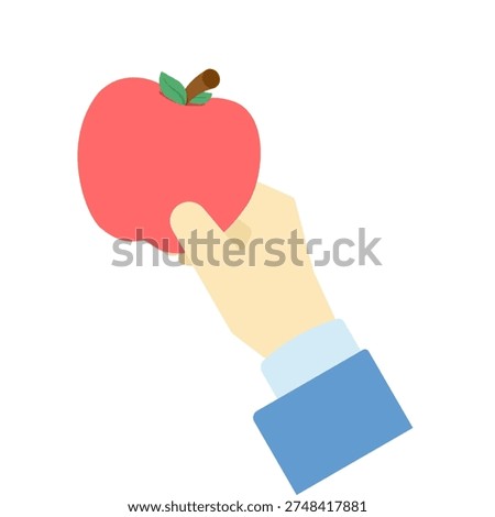 Flat vector illustration of hand holding an apple, healthy fruit, nutrition, wellness, vegetarian food, diet concept, modern flat design for health, lifestyle, and wellness projects.