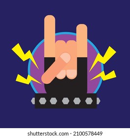 flat vector illustration of a hand making the classic "rock on" gesture. The hand wears a studded wristband, surrounded by lightning bolts in a pop-art style on a dark background