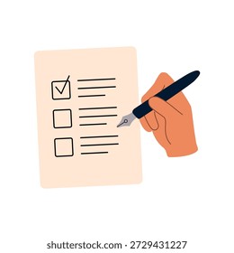 Ilustración vectorial plana de una mano con un bolígrafo que marca las tareas completadas en una lista de tareas pendientes o rellena las Casillas de verificación de un documento, simbolizando los conceptos de planificación, productividad y organización.
