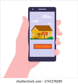 Flat vector illustration: hand with phone. Buying home online. Home fore sale.