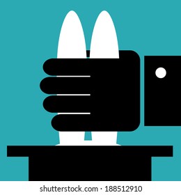Flat vector illustration. Hand and rabbit ears. Magician pulls a rabbit out of a hat.