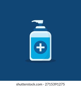 Ilustração de vetor plano de uma garrafa de bomba de desinfetante de mão com um ícone de cruz médica, isolado no fundo azul