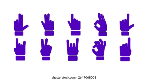 Flat vector illustration of hand signs and symbols in outline style including peace, thumbs up, okay, pointing, and communication gestures for app, education, and UI use