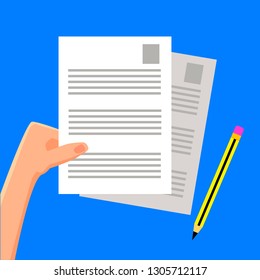 Flat vector illustration of a hand with some documents and a pencil on a blue background