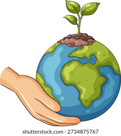 Ilustración vectorial plana de la mano que apoya el globo terráqueo con la planta y la tierra que brotan