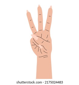 A flat vector illustration of a hand with three fingers raised. Gesture symbol number three. Counting something by flexing your fingers.
