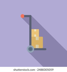 Flat vector illustration of a hand truck with stacked cardboard boxes on a purple background