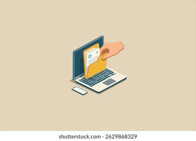 Flat vector illustration of a hand uploading a document into a yellow folder on a laptop screen. Represents file upload, digital storage, data transfer, or online document management.