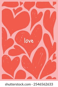 Flat vector illustration with a hand-drawn heart pattern and the word "love". Red hearts on a pink background, ideal for Valentine’s Day and romantic designs. Simple, warm, and decorative style.