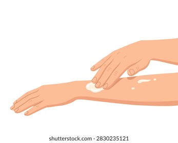 Flat vector illustration of hands applying skincare lotion to an arm, isolated on white, representing moisturizing, skin care, beauty, hygiene, treatment, wellness, self-care