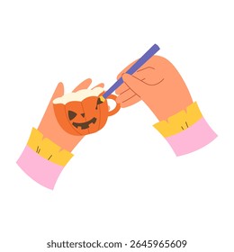 Flat vector illustration of hands drawing a pumpkin face on a mug against white background. Playful Halloween design