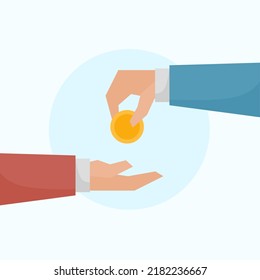  flat vector illustration of hands giving gold coins