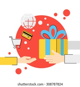 Flat vector illustration of hands giving gift box to hands of receiver isolated red icon