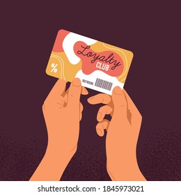 Flat Vector Illustration Of Hands Holding Loyalty Club Plastic Card. Discount Offer, Gift For Shopping.