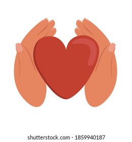 Flat vector illustration of hands holding a heart. Helping hand or the concept of charity and psychological help. Isolated design on a white background.