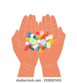 Flat vector illustration of hands holding various capsules and pills. Treatment with antidepressants. The concept of taking supplements and vitamins daily