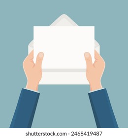 Ilustración vectorial plana de manos sosteniendo una hoja de papel en blanco fuera de un sobre, vista superior