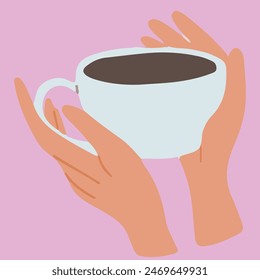 Flat vector illustration of hands holding white tea cup. The fingers are delicately wrapped around the handle.  Vector icon isolated on pink background.