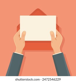 Flat Vector Illustration of Hands Holding a Blank Paper Sheet Out of an Envelope, Top View