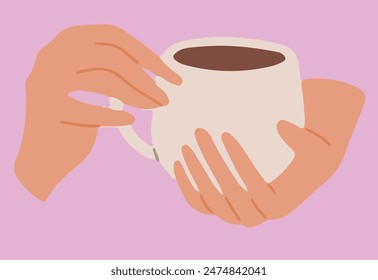 Flat vector illustration of hands holding white tea of coffee cup. The fingers of one hand are delicately wrapped around the handle, the other hand is holding the bottom of the mug.