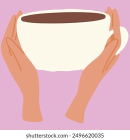 Flat vector illustration of hands holding white cup. The fingers are wrapped around warm drink. Vector icon isolated on pink background.