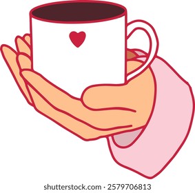 Flat vector illustration of hands holding cup with the heart. Love, romantic, st valentine,s day symbol.