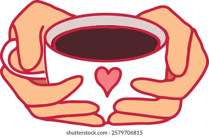 Flat vector illustration of hands holding cup with the heart. Love, romantic, st valentine,s day symbol.