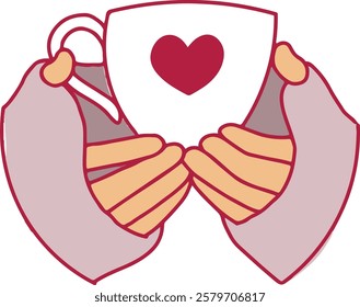 Flat vector illustration of hands holding cup with the heart. Love, romantic, st valentine,s day symbol.