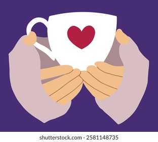 Flat vector illustration of hands holding cup with the heart. Love, romantic, st valentine,s day symbol.