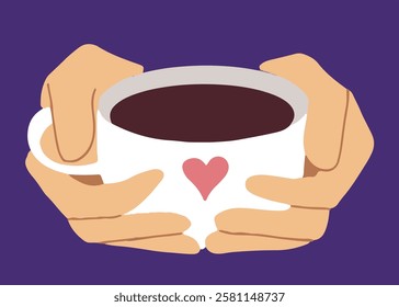 Flat vector illustration of hands holding cup with the heart. Love, romantic, st valentine,s day symbol.