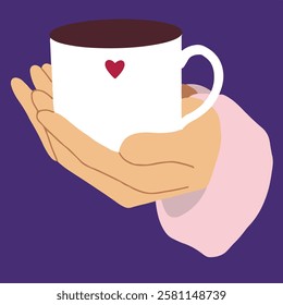 Flat vector illustration of hands holding cup with the heart. Love, romantic, st valentine,s day symbol.