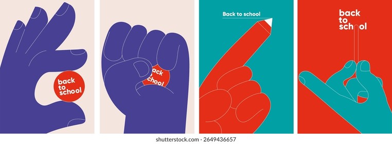 Flat vector illustration of hands holding school objects with "Back to school" text, perfect for educational posters, covers, and banners.