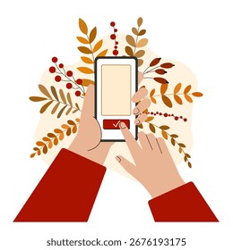 Ilustración vectorial plana de manos que sostienen el teléfono inteligente con hojas de otoño y bayas en el fondo. Perfecto para el estilo de vida de otoño, ventas de temporada, App móviles, marketing digital y promociones en línea.