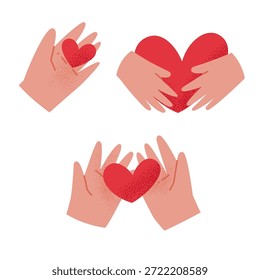 Ilustración vectorial plana de manos sosteniendo el corazón rojo. Concepto de cuidado y Asistencia que muestra amor, compasión, protección, solidaridad y bondad. Diseño aislado para obras de caridad e imágenes de San Valentín