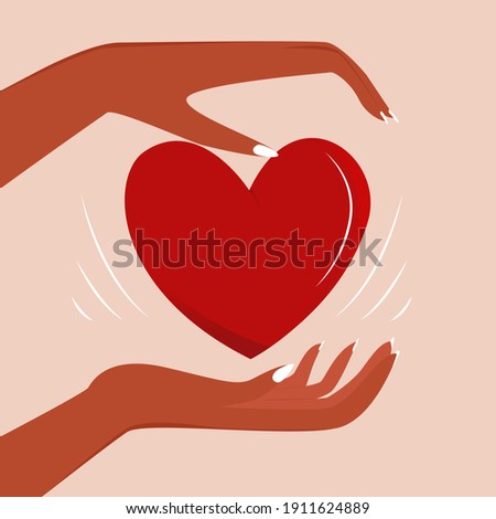 Flat vector illustration of hands holding a heart. The concept of a helping hand. The concept of charity, donation, or volunteering. Help and support of people. A symbol of health and care.