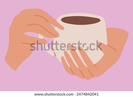 Flat vector illustration of hands holding white tea of coffee cup. The fingers of one hand are delicately wrapped around the handle, the other hand is holding the bottom of the mug.