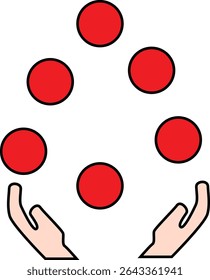 Flat Vector Illustration of Hands Juggling Multiple Red Balls Representing Balance, Skill, Multitasking, and Coordination Concepts
