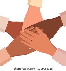 Flat vector illustration of the hands of multinational people making a gesture of unity, cohesion and support. A stack of hands. Design for teamwork, collaboration, and community