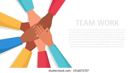 A flat vector illustration of the hands of a multinational people making a gesture of unity, cohesion and support. A stack of hands and space for text. 