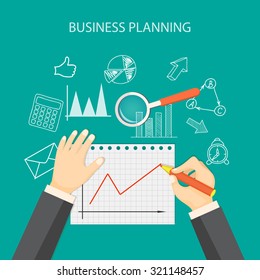 Flat  vector illustration. Hands with pencil, paper of graphic, loupe and hand drawn business symbols. EPS 10