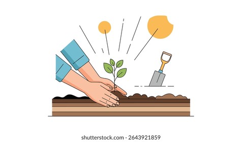 Flat Vector Illustration of Hands Planting a Seedling in Rich Earth Soil