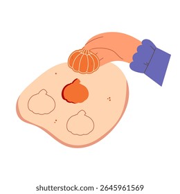 Ilustração de vetor plano de mãos preparando biscoitos de gengibre em forma de abóbora no fundo branco. Cena de cozedura minimalista para receitas de outono, delícias de Halloween e design de embalagens festivas
